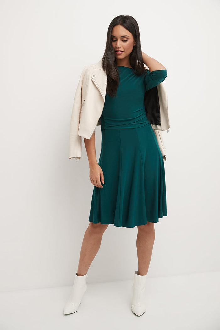 rekucci Flared Business Dress with 3/4 Sleeves hunter-green